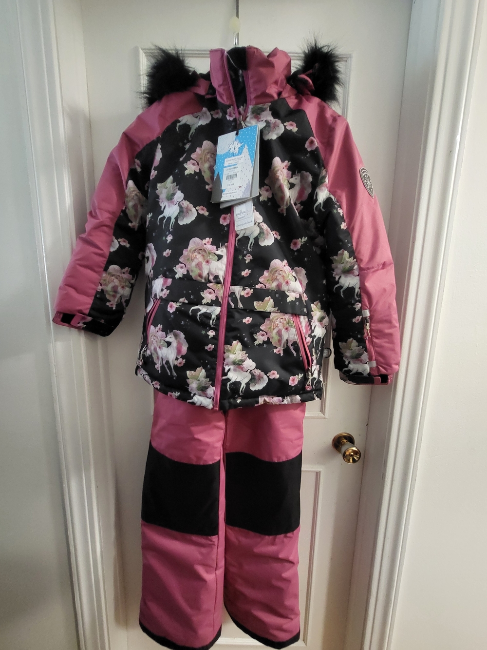 Girls Pink & Black Floral Snow Suit with Faux Fur Hood